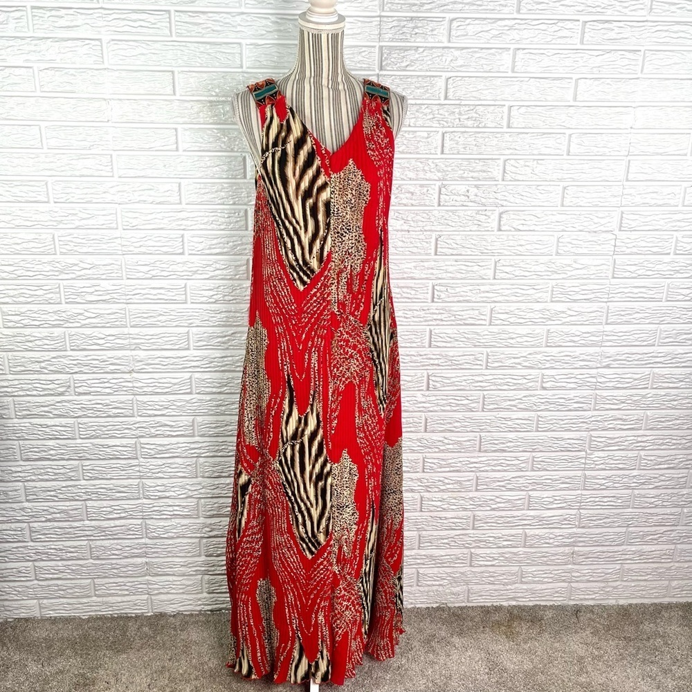 Canna Animal Leopard Print Pleated Maxi Dress Size XS Red Brown Cream Blue